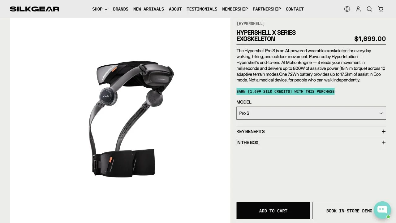 Current Hypershell product page showing model choices, product information, add to cart, and in-store experience entry