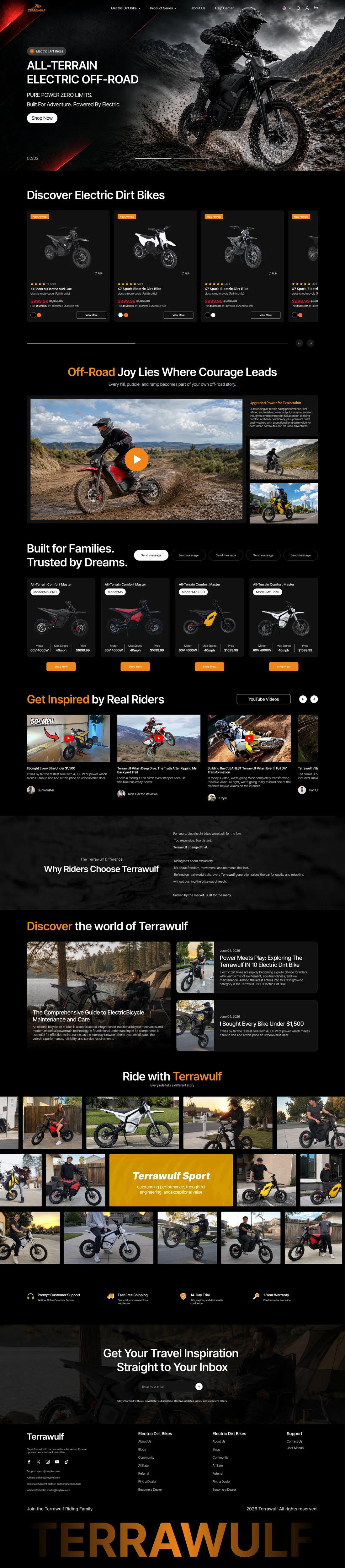 Terrawulf desktop homepage Figma design showing the electric dirt bike storefront direction