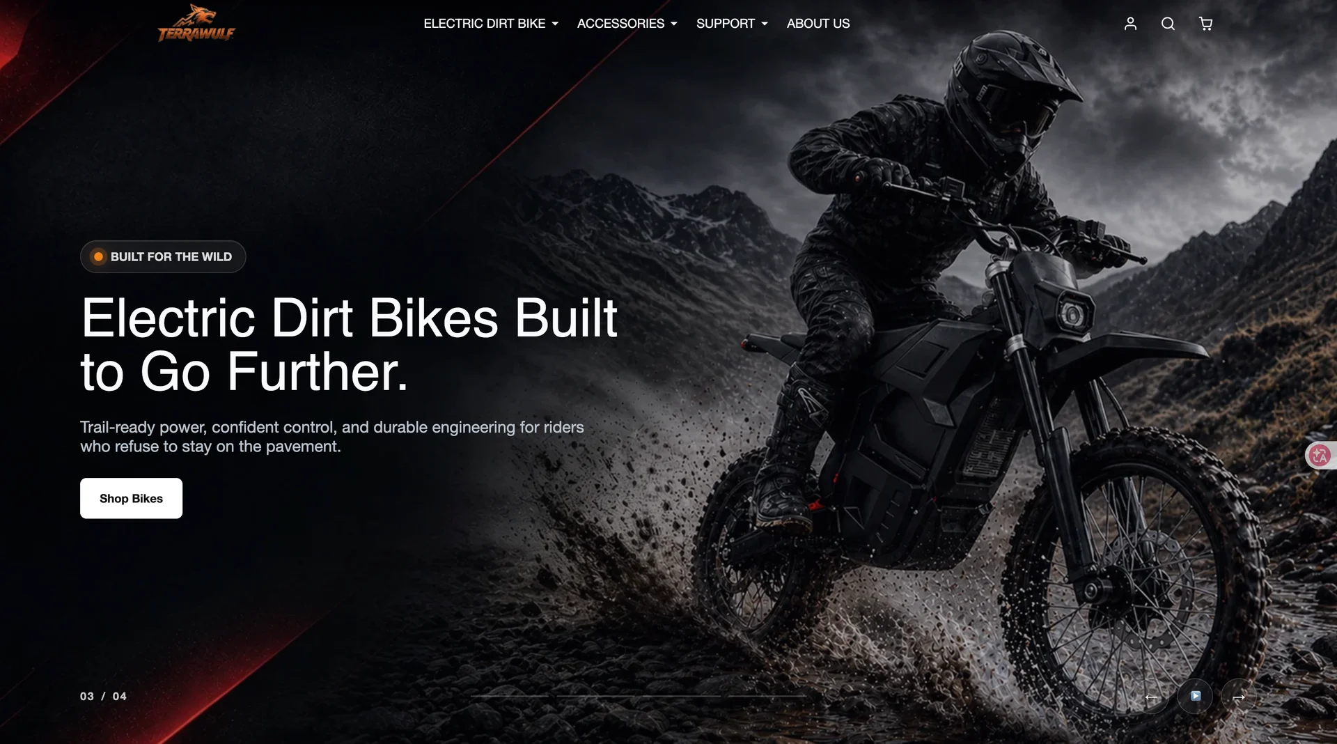 Terrawulf live Shopify homepage with an electric dirt bike on a mountain trail