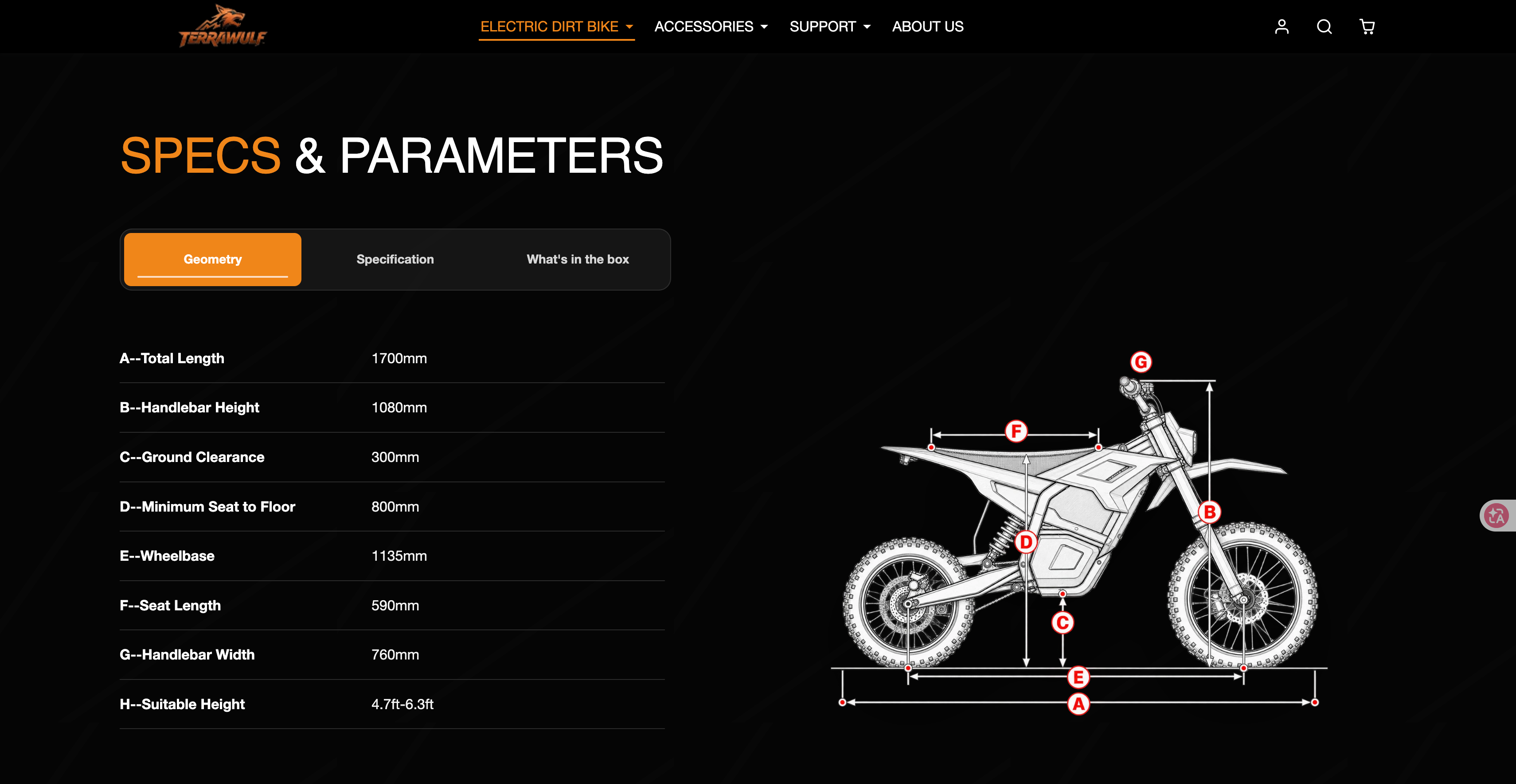 Terrawulf M7 public specifications page showing Geometry measurements beside a dimensioned bike diagram