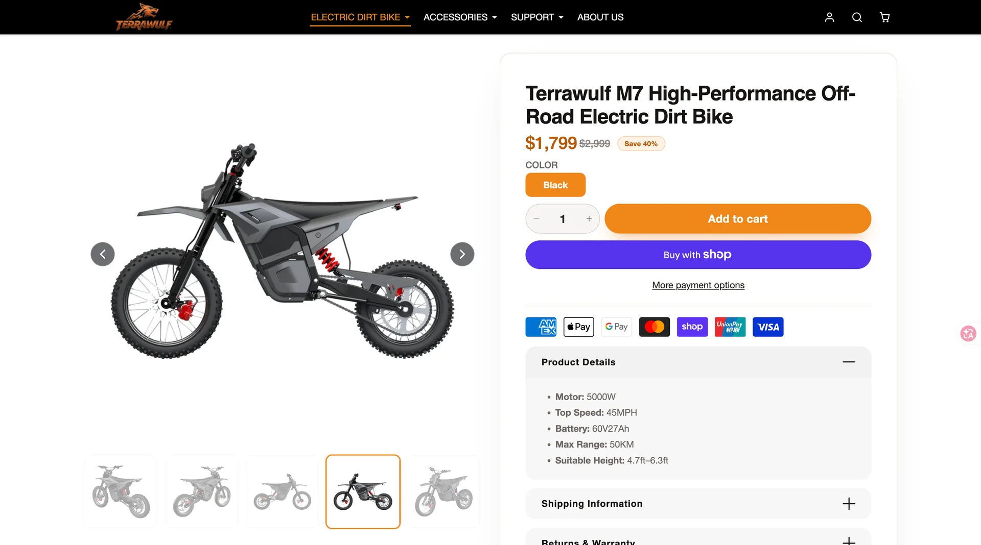 Live Terrawulf M7 Shopify product page with product media, price, variant and add to cart controls