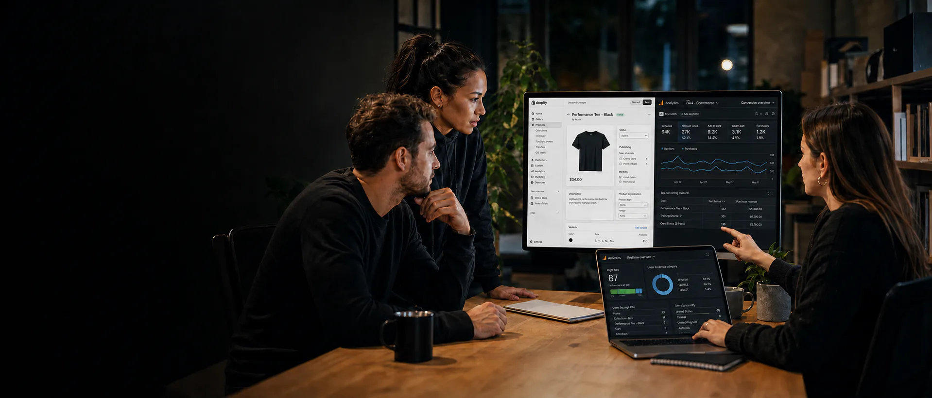 A cross-border ecommerce team reviewing a product page, conversion funnel, and store analytics