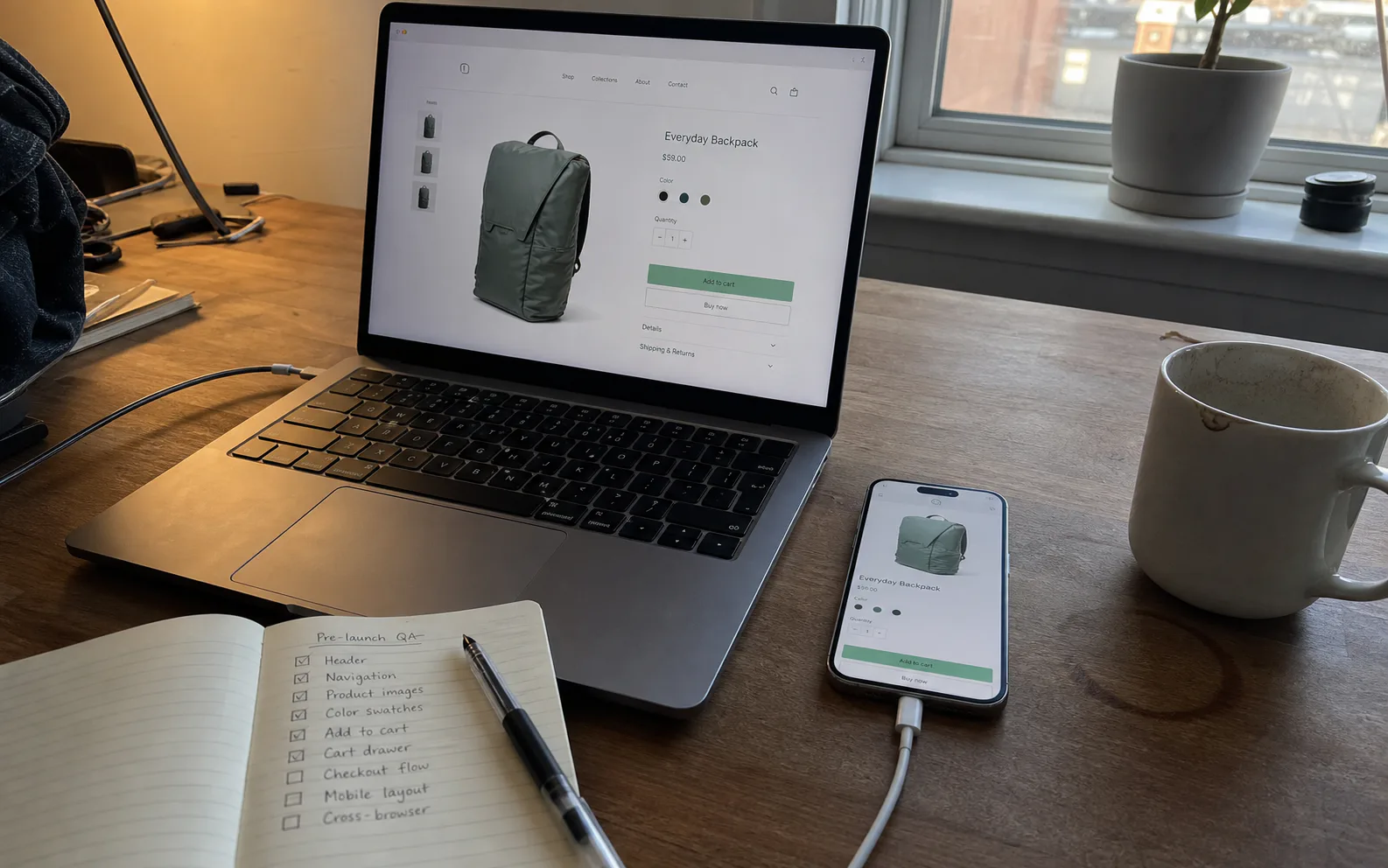 Illustrative Shopify responsive QA and launch checking workspace