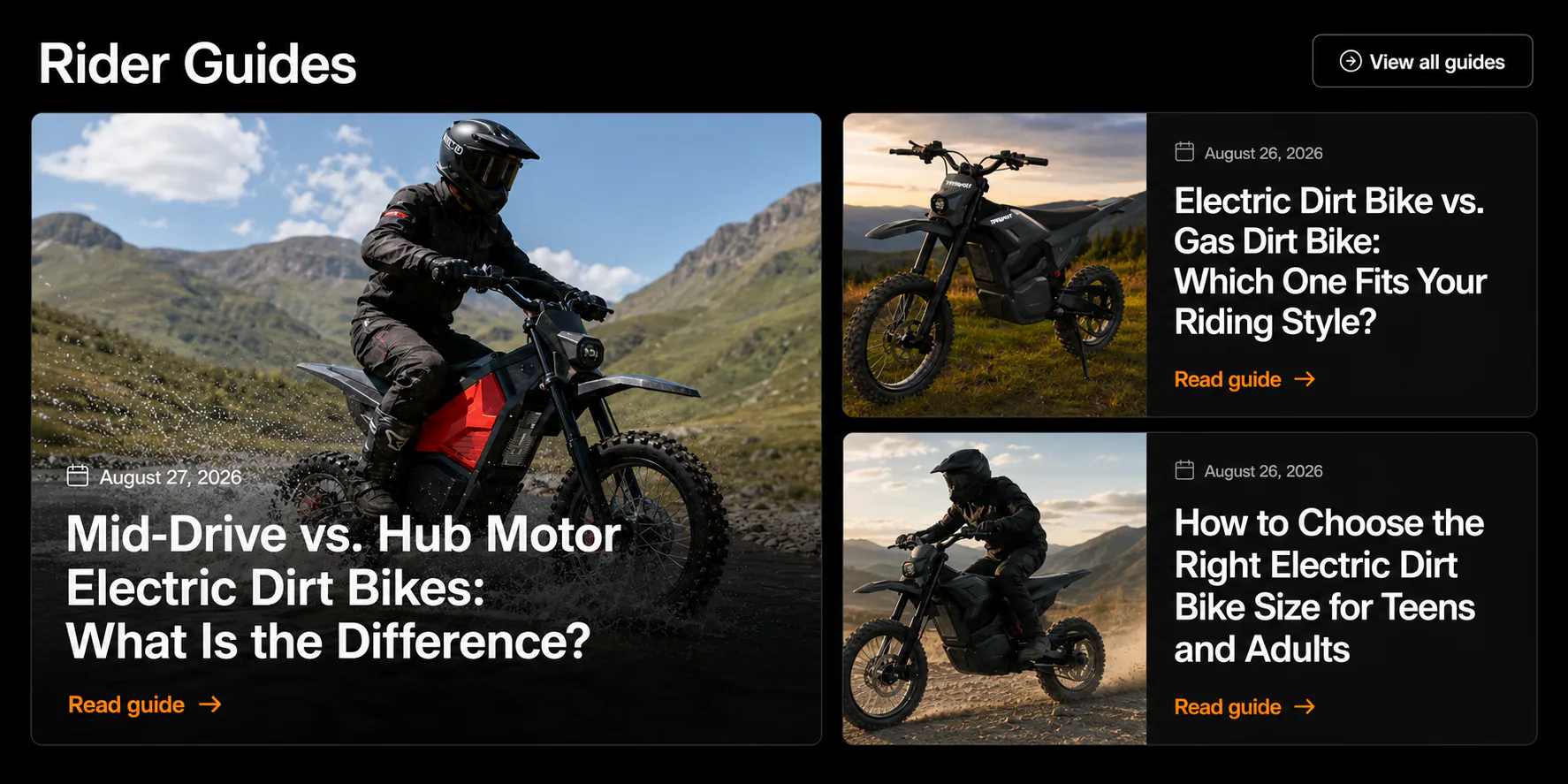 A Shopify blog and rider guide page for an electric dirt bike brand